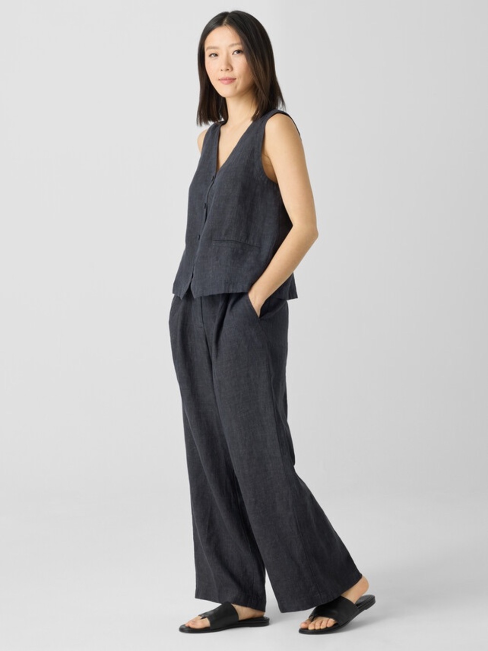 Eileen Fisher Washed Organic Linen Délavé Vest and Trouser Graphite Pant Set M